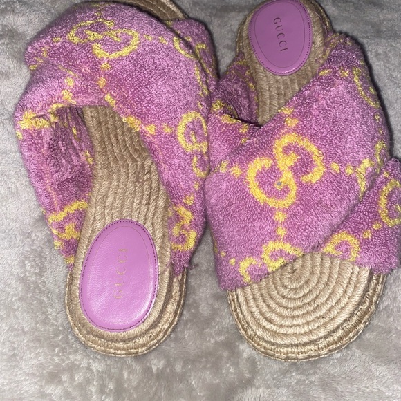Gucci Pink & Yellow Terry Crossband Espadrille Slides - Picture 3 of 4
